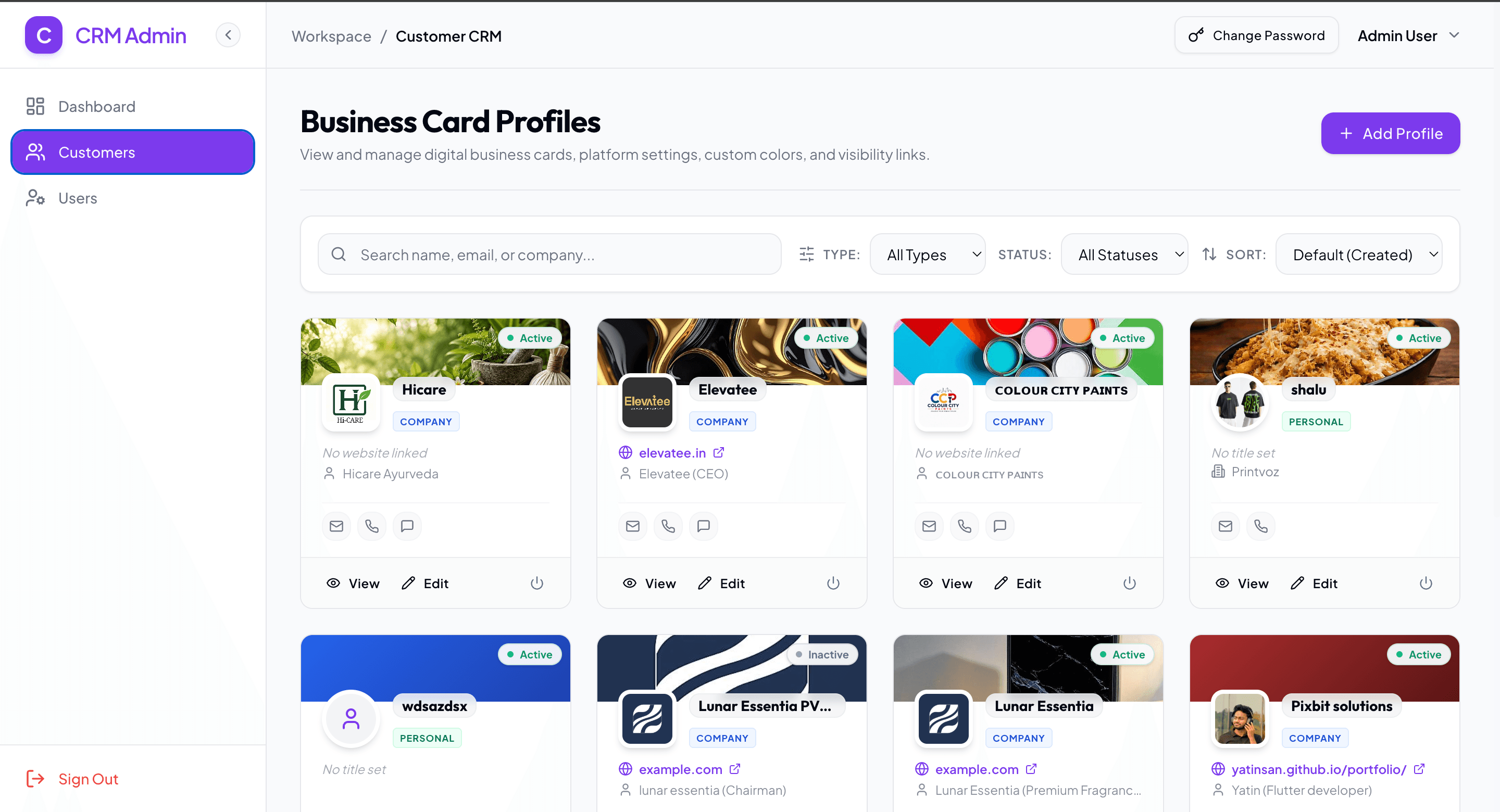 Admin CRM dashboard